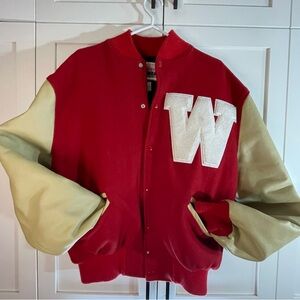 Women s Letterman Red and Cream Varsity Jacket with W Patch Wisconsin Badgers